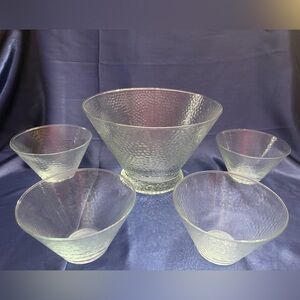 Southern Living hammered glass serving bowl and four smaller bowls.